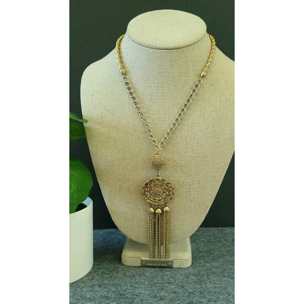 LIZ CLAIBORNE 16in Multi Chain Tassel Statement Necklace Woven Medallion